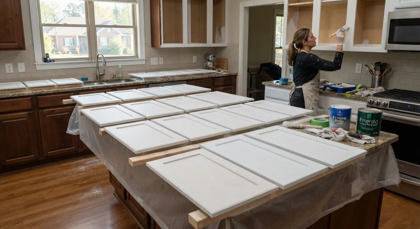Detailed brushwork on wooden cabinet doors